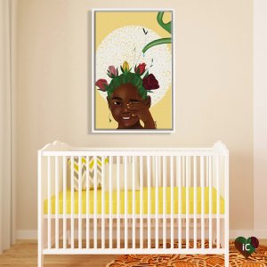 Framed art above crib of Black girl with roses growing from her hair below a watering can by iCanvas artist DeeLashee artistry