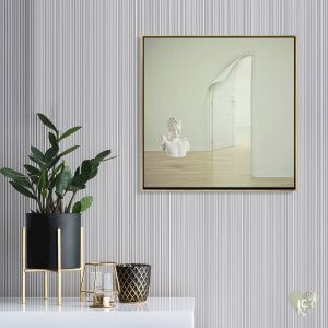 Framed art with Gabriel Dawe vibes featuring white Roman statue in white room with bent door by Evgenij Soloviev