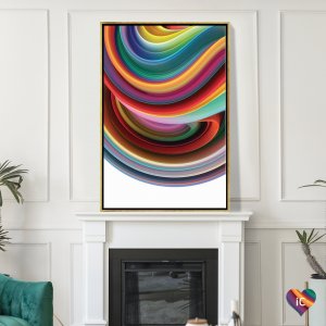 Framed rainbow art of swirling abstract colors by iCanvas artist Danny Ivan mounted above white fireplace