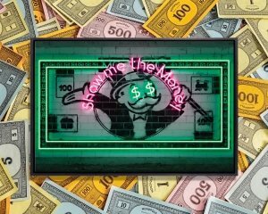 Neon art of green monopoly money with words “show me the money” in pink by iCanvas artist Octavian Mielu