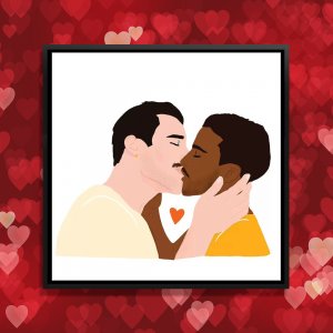 Interracial love art of black and white man kissing with heart between by iCanvas artist