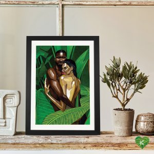 Framed love art of dark skin man and light skin woman embracing in the jungle by iCanvas artist Manasseh Johnson