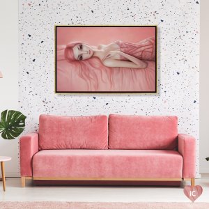 Pop surreal art of woman laying down with pink hair and pink dress by iCanvas artist Lori Earley