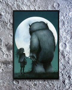 Pop surrealism art of blue creature holding hands with little girl in front of moon by iCanvas artist Dan May
