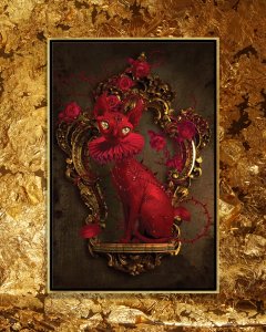 Pop surrealism art of red hairless cat sitting on top of antique gold shelf by iCanvas lowbrow artist Natalie Shau