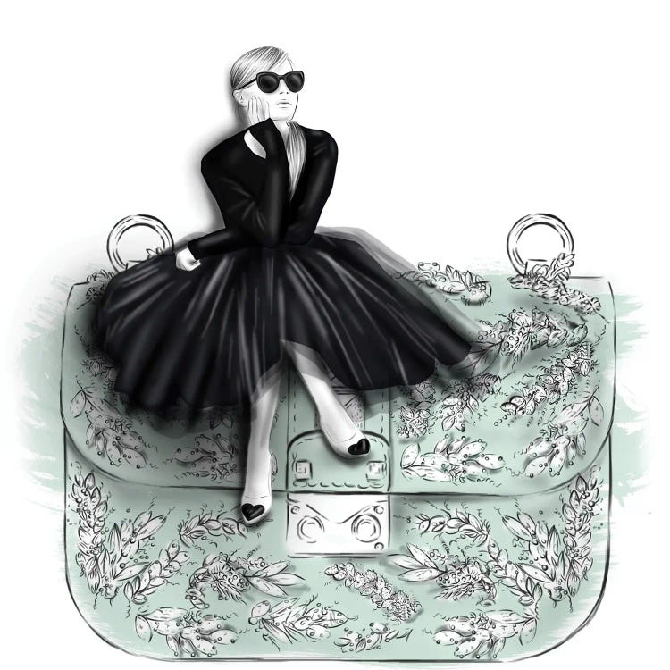 Fashion illustration of woman in black dress sitting on mint bag by new iCanvas creator Agata Sadrak