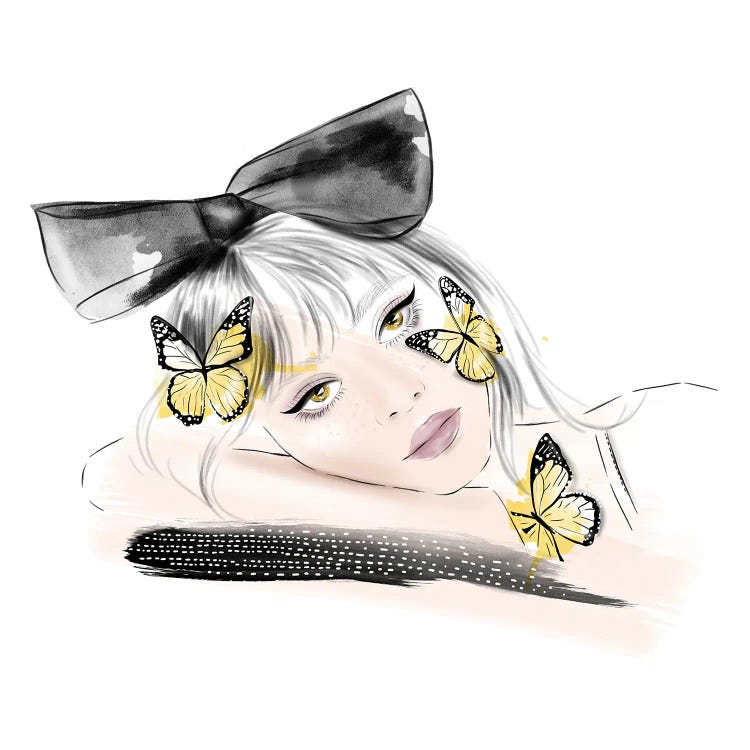 Fashion illustration of girl with black bow and butterflies on her face by new creator Brenda Bush