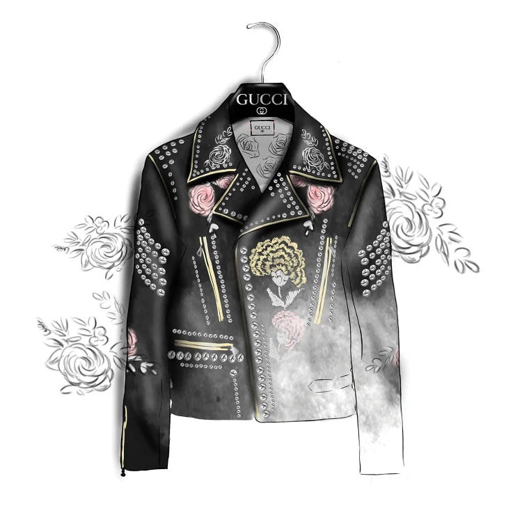 Fashion illustration of leather jacket with embellishments by new iCanvas artist agata Sadrak