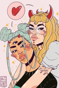 Love art of girl with blue hair and third eye embraced by blonde with red horns by iCanvas artist Alijhae West