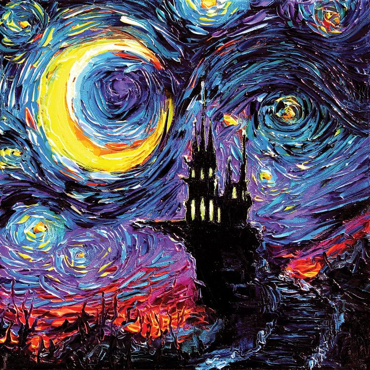 Classical art of Van Gogh’s Starry Night reimagined with silhouette of haunted castle by iCanvas artist Aja Trier