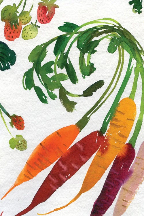Wall art of orange, red and purple carrots by new icanvas artist andrea kosar