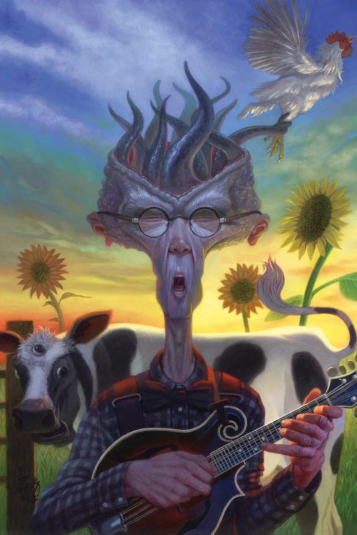 Wall art of creepy old man with guitar in front of cyclops cow and sunflower field by new creator Alan Pollack