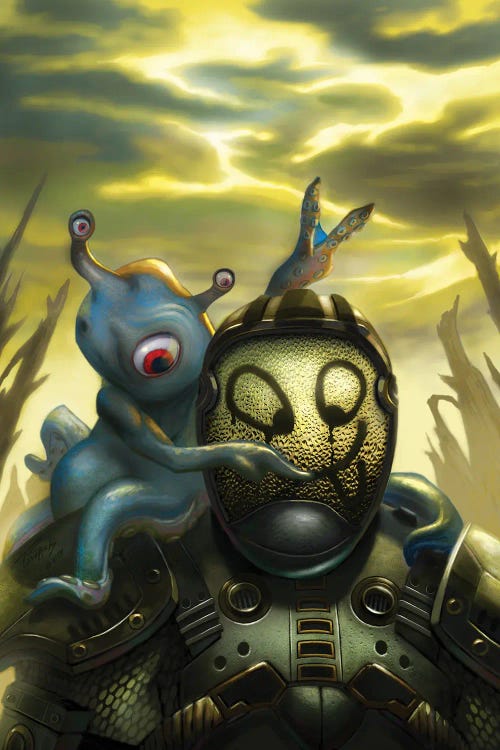 Wall art of blue alien on the shoulder of a robot beneath stormy sky by new icanvas creator Alan Pollack