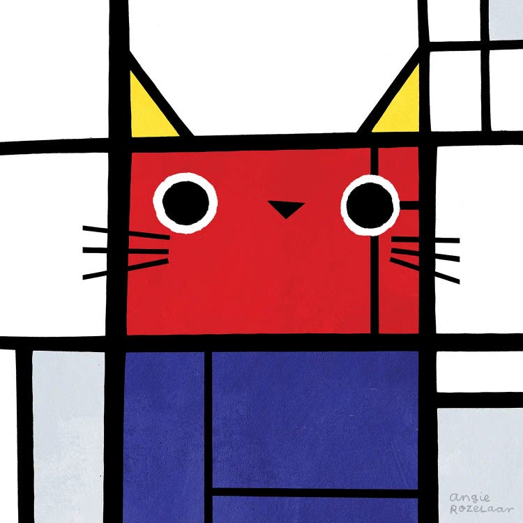 Classic art reimagined of Composition With Red, Blue and Yellow featuring a cat by iCanvas artist Angie Rozelaar