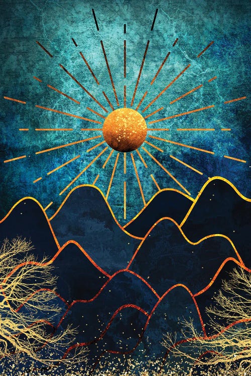 Blue and gold art of a sun above mountains by new icanvas creator Artsy Bessy