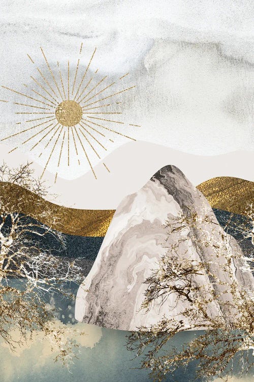 White, gold and blue art featuring a sun shining over mountains and an iceberg by new icanvas artist Artsy Bessy