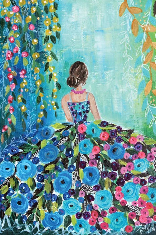 Floral art featuring pinks, blues and greens, and the back of a woman in a floral ballgown by new iCanvas creator Brenda Bush