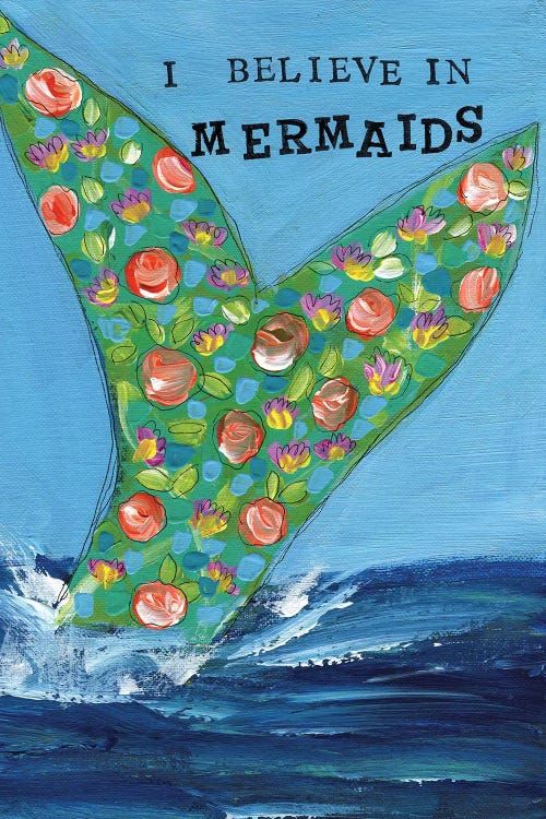 Wall art of mermaid tail with flowers coming out of ocean below words “I Believe In Mermaids” by new creator Brenda Bush