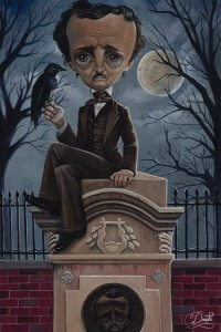 Lowbrow art of Edgar Allan Poe atop tombstone holding a crow under moon by iCanvas artist Bob Doucette