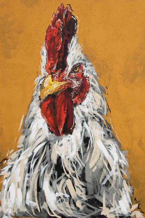 Pet portrait of a white rooster against orange background by new icanvas artist Bria Hammock