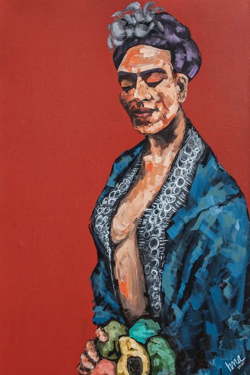 Portrait of Frida Kahlo wearing blue robe against red background by new creator Bria Hammock