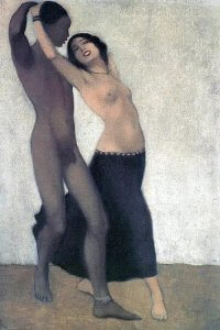 Love art of interracial cuple dancing naked by iCanvas artist Otto Muller