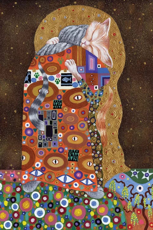 Modern classic art of Gustav Klimt’s The Kiss reimagined with two cats by iCanvas artist David Newton