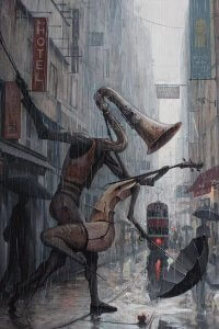 Pop surrealism art of viollin and horn dancing together on a rainy street by iCanvas artist Adrian Borda