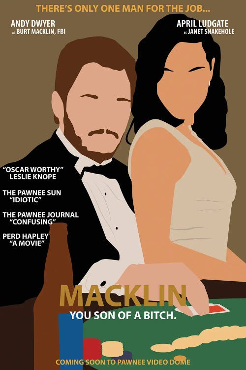 Pop culture art of faceless Burt Macklin and Janet Snakehole with Parks and Rec typography by new creator BoRiljana
