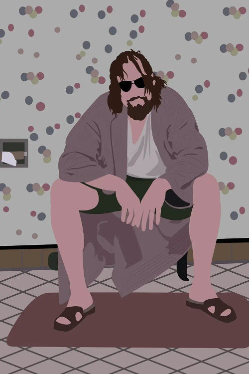 Pop culture art of the Big Lebowski sitting on the toilet by new iCanvas creator BoRiljana