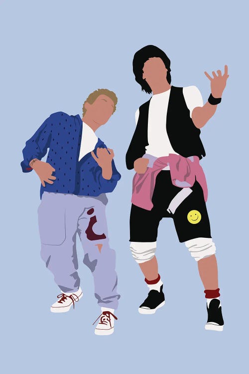 Pop culture art of faceless Bill and Ted against light blue background by new iCanvas artist BoRiljana