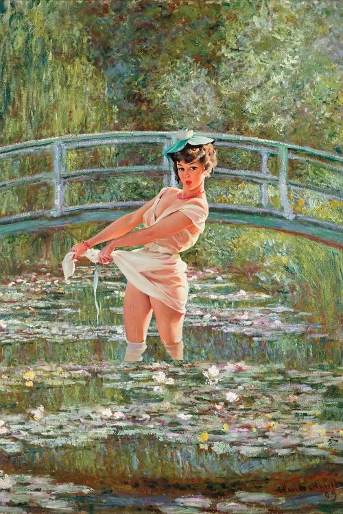 Classical art of Monet’s Water Lilies reimagined with pin-up girl in water ringing out white dress by iCanvas artist Jason Brueck