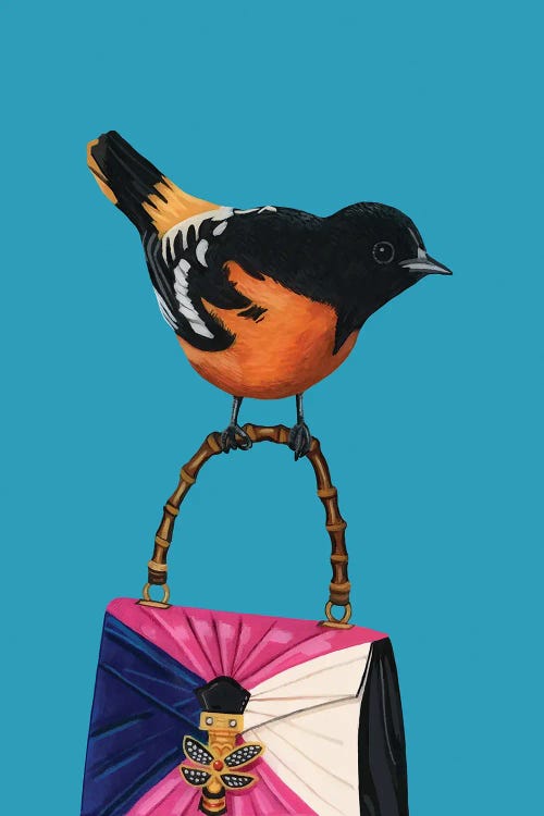 Wall art of a black and orange oriole perched on a Gucci purse by new icanvas creator Jackie Besteman