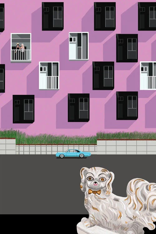 Wall art of pink building behind blue car and white ceramic dog by new icanvas artist Jackie Besteman