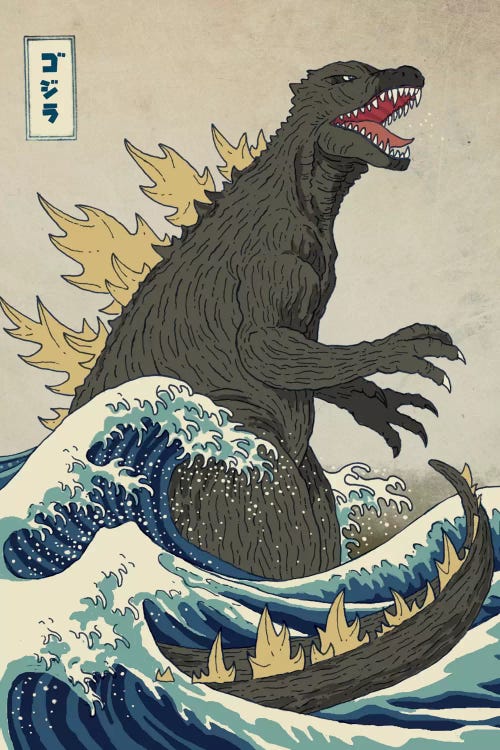 Classic art reimagined of The Great Wave with a dinosaur by iCanvas artist Michael Buxton