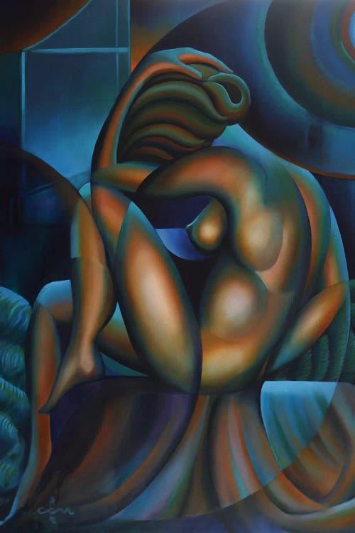 Classic art print of Picasso’s Blue Nude reimagined through cubism by iCanvas artist Corne Akkers