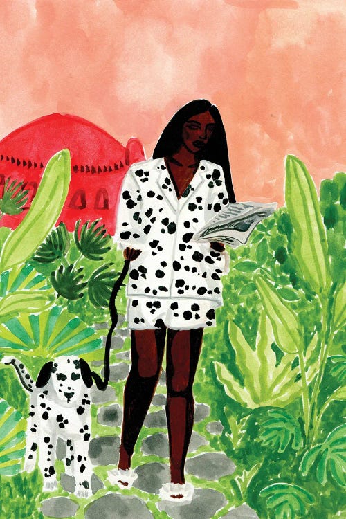 Wall art of Black woman in polka dot outfit walking Dalmatian by new icanvas creator Caroline Chessia 