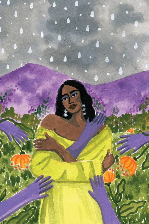 Wall art of Brown-skinned woman wearing yellow with purple hands reaching at her