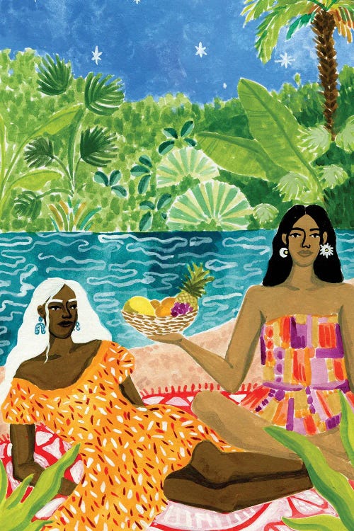 Wall art of two dark-skinned woman floating on the river by new creator Caroline Chessia