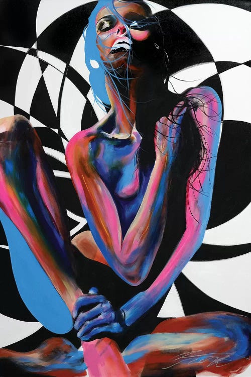 Classic art print of Picasso’s Blue Nude reimagined with neon colors and black and white abstracts by iCanvas artist Chance Watt