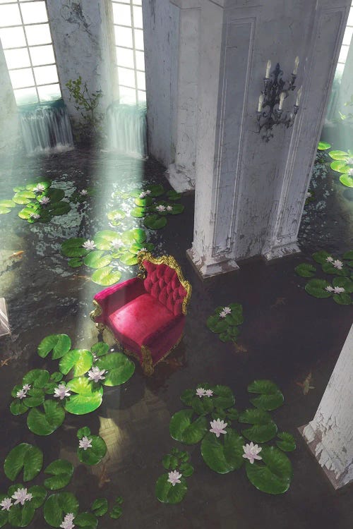 Surreal art of pink sofa in a room filled with water and lilypads by new creator Cynthia Decker