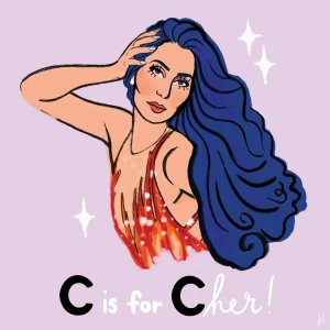 Gay icon art of Cher with blue hair and red dress above words “C is for Cher!” by iCanvas artist Chromoeye