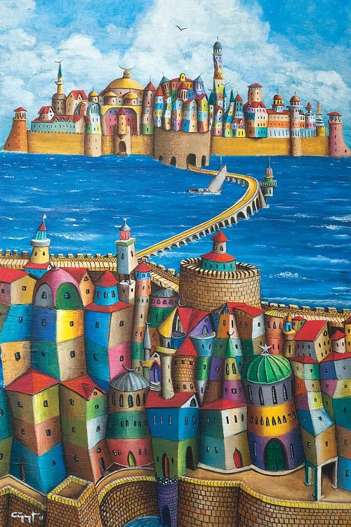 Wall art of two colorful castles connected by a bridge across the water by new iCanvas artist Cuneyt Suer