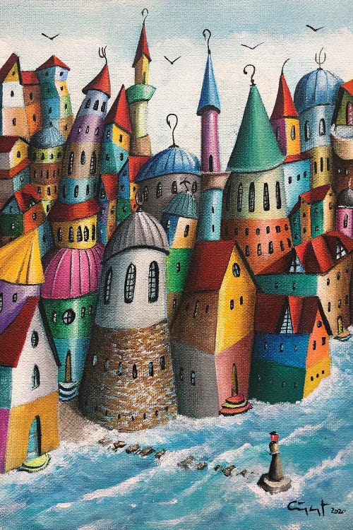 Wall art of multi-colored coastal city by the sea by new iCanvas creator Cüneyt Süer