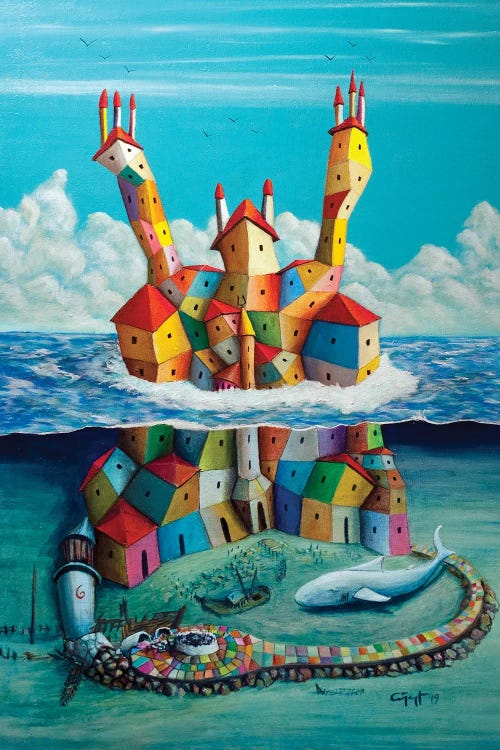 Wall art of colorful castle rising half above and below the sea with whale beneath by new creator Cuneyt Suer