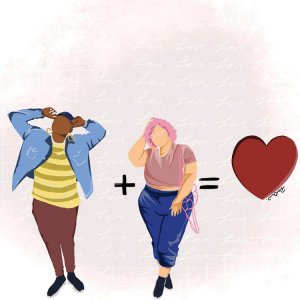 Love art of black faceless man plus sign white pink-haired woman equal sign heart by iCanvas artist DeeLashee Artistry
