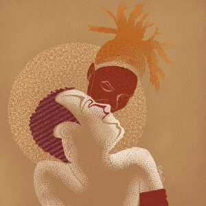 Interracial couple kissing in front of moon by iCanvas artist DeeLashee Artistry