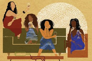 Faceless art of four girlfriends drinking wine by iCanvas artist DeeLashee Artistry