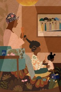Faceless art of Black grandmother doing daughters hair by iCanvas artist DeeLashee Artistry