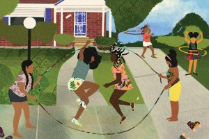 Faceless art of Black children playing jump rope and hoolah hoop in a yard by DeeLashee Artistry